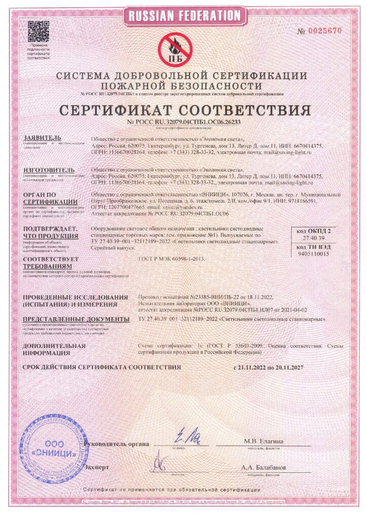 Сертификат пожарной безопасности